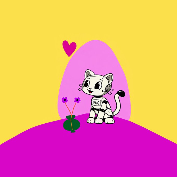 A cartoon cat wearing a 'P(x)' nametag sits on a pink surface with a heart above its head, accompanied by a small plant with purple flowers against a yellow background.