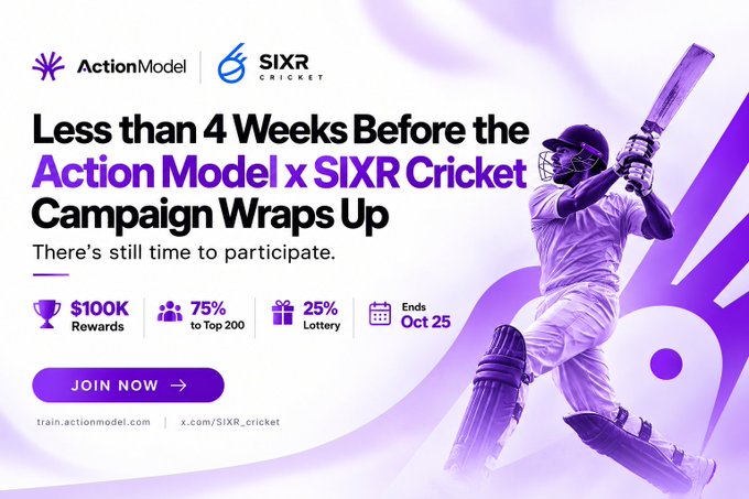 A promotional banner for the ActionModel x SIXR Cricket campaign announces 'Less than 4 Weeks Before the Campaign Wraps Up' with $100K Rewards, 75% to Top 200, 25% Lottery, ending October 25, featuring a cricket player in purple.