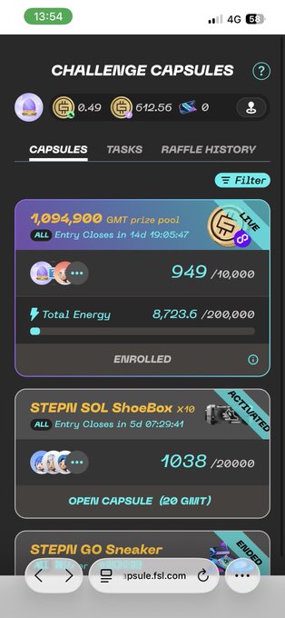 A mobile app screenshot of 'Challenge Capsules' showing a GMT prize pool of 1,094,900 for an active capsule (949/10,000 enrolled) and a STEPN SOL ShoeBox capsule (1,038/20,000).