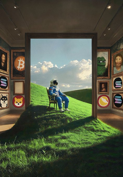 An astronaut sits peacefully in a chair on a grassy hill, framed by a doorway that extends the green landscape into an art gallery lined with portraits of cryptocurrency figures and tokens including Bitcoin, Shiba Inu, Doge, and Pepe. The serene, nature-focused scene aligns with the $LUNC and #GreenpeaceUNITED message, symbolizing a hopeful, environmental theme for the Terra Luna Classic community.
