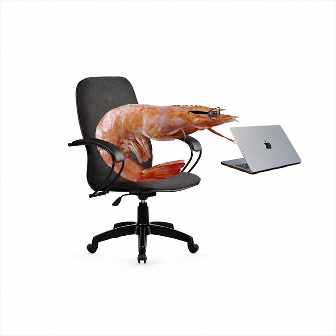 A shrimp wearing sunglasses sits at an office chair working on a MacBook laptop with an Apple logo, humorously illustrating the post's warning that "$Prawns" FDV will track $Pons pricing—using the shrimp/prawn as a mascot seemingly doing "financial" work.
