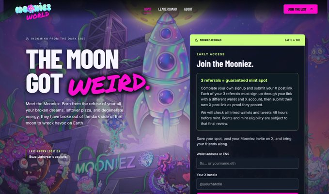 A webpage for "Mooniez World" with the headline "THE MOON GOT WEIRD." featuring a rocket illustration and an early access signup form requiring 3 referrals
