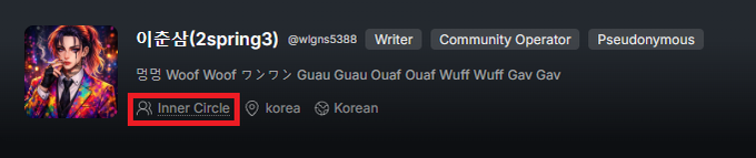 A user profile on X for '이춘삼(2spring3) @wigns5388' identified as a Writer and Community Operator, with the 'Inner Circle' badge highlighted by a red box and a bio filled with the word 'Woof' in various languages.