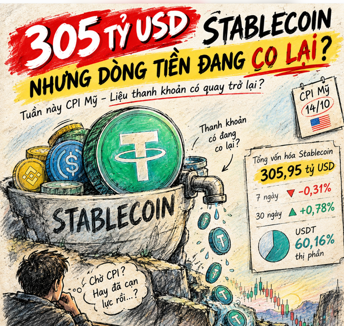 A Vietnamese-language infographic about stablecoins showing $305 billion USD market cap, featuring a sketch of coins labeled 'STABLECOIN' flowing from a faucet, with USDT holding 60.16% market share and a note about upcoming US CPI data on 14/10.