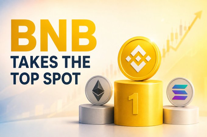 A cryptocurrency graphic displays the text 'BNB TAKES THE TOP SPOT' next to gold, silver, and colorful coin representations on podiums, set against a background of rising market charts.
