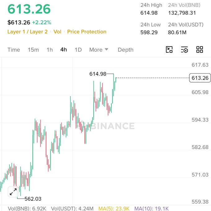 A Binance trading chart shows BNB/USDT trading at $613.26 (+2.22%) on the 4-hour timeframe, with a 24-hour high of $614.98 and low of $598.29, illustrating strong bullish momentum consistent with the post's excitement about BNB pushing higher on the BNB Chain.