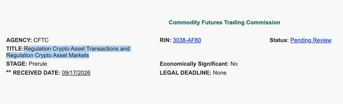 A screenshot of a regulatory database entry shows the CFTC's new rulemaking titled "Regulation Crypto Asset Transactions and Regulation Crypto Asset Markets," identified by RIN 3038-AF80, currently in the Prerule stage with a received date of September 17, 2026, and a status of "Pending Review."