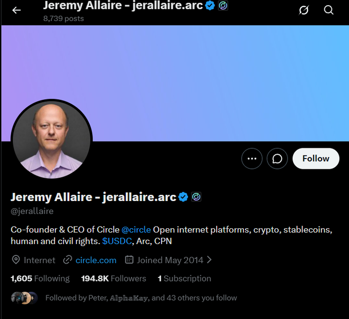 A social media profile page for Jeremy Allaire (@jerallaire.arc), co-founder & CEO of Circle, showing 194.8K followers.