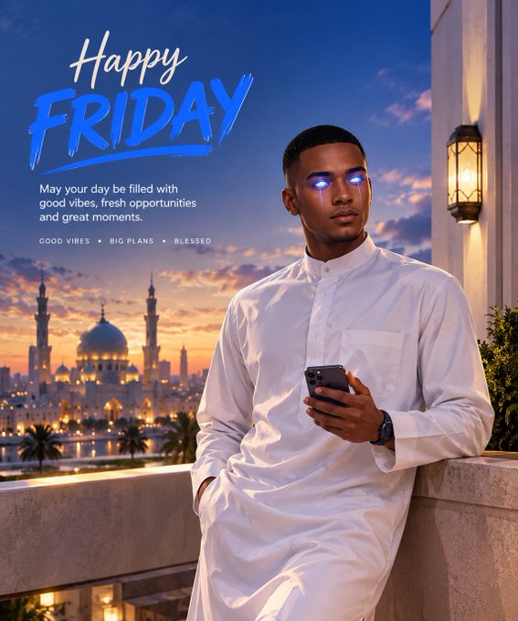 A 'Happy Friday' digital graphic featuring a man in a white traditional thobe using a smartphone, with glowing blue eyes, set against a sunset backdrop with a mosque; text reads 'May your day be filled with good vibes, fresh opportunities and great moments. GOOD VIBES • BIG PLANS • BLESSED'.