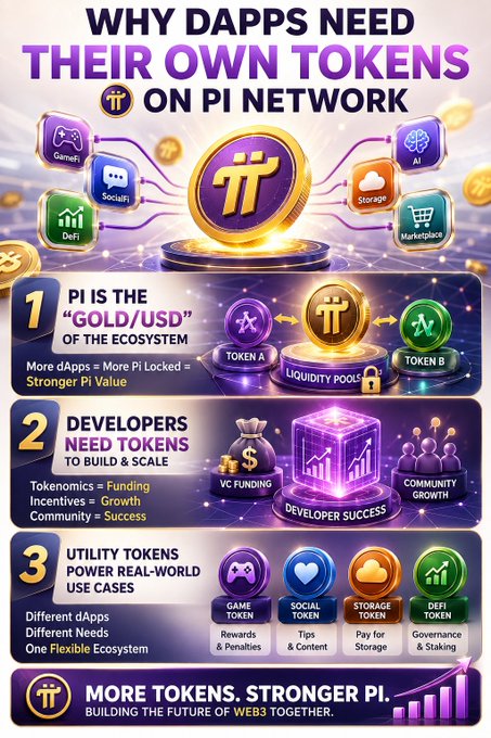 An infographic titled "WHY DAPPS NEED THEIR OWN TOKENS ON PI NETWORK" illustrating three key points: (1) Pi serving as the "Gold/USD" reserve asset of the ecosystem, (2) Developers needing tokens to build and scale via tokenomics, incentives, and community growth, and (3) Utility tokens powering real-world use cases across gaming, social, storage, and DeFi applications, with the tagline "MORE TOKENS. STRONGER PI. BUILDING THE FUTURE OF WEB3 TOGETHER." The image visually reinforces the accompanying post's argument that dApps on Pi Network should issue their own tokens, similar to Ethereum or Solana ecosystems, to strengthen Pi's value rather than diminish it.