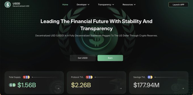 Screenshot of the USDD cryptocurrency homepage featuring the tagline 'Leading The Financial Future With Stability And Transparency' and displaying Total Supply ($1.56B), Protocol TVL ($2.26B), and Savings TVL ($177.94M).