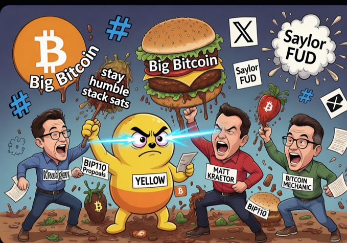 A satirical cartoon illustration featuring figures labeled "Krügeron," "YELLOW," "Matt Kraetor," and "Bitcoin Mechanic" clashing around Bitcoin and BIP-110 imagery, with text bubbles reading "Big Bitcoin," "stay humble stack sats," and "Saylor FUD."