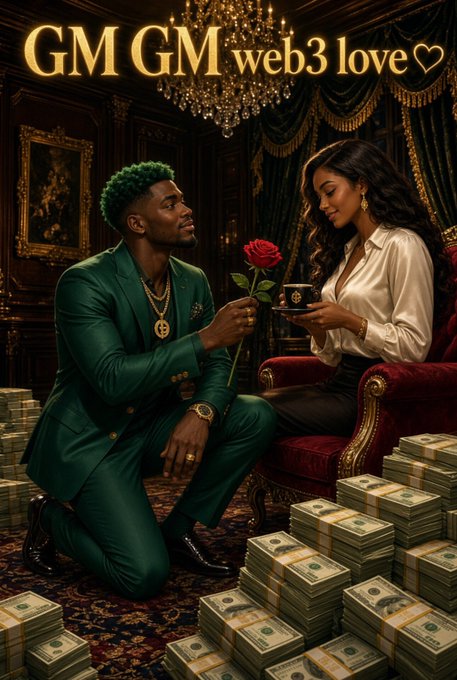 A digital illustration of a man in a green suit offering a red rose to a woman in a white blouse amid stacks of money, with text reading 'GM GM web3 love♡' at the top.