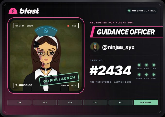 A digital 'blast' mission control crew card showing a cartoon female character as a 'Guidance Officer' recruited for Flight 001 by user @ninjaa_xyz, with Crew No. #2434 and a countdown timer at T-00:10:00 'GO FOR LAUNCH.'