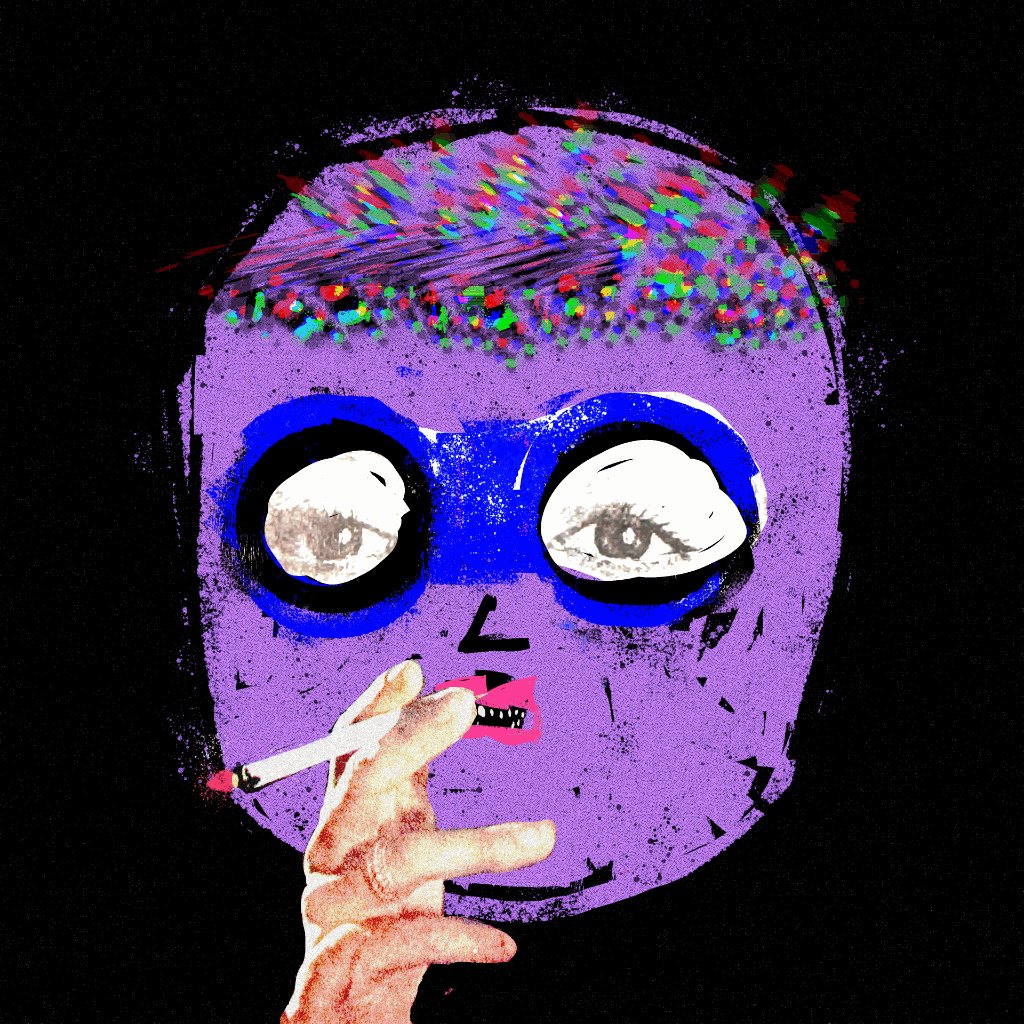 The image features a purple face with blue eyes and a cigarette held by someone's hand. The background is black, which contrasts with the vibrant colors of the face. The caption reads "Every grifter needs someone. The Griftettes: @XCOPYART imagery and language while painting a mural work of The DOOMED". This suggests that the image might be related to a post about the Griftettes or their works, which are known for creating alternate worlds through their paintings.
