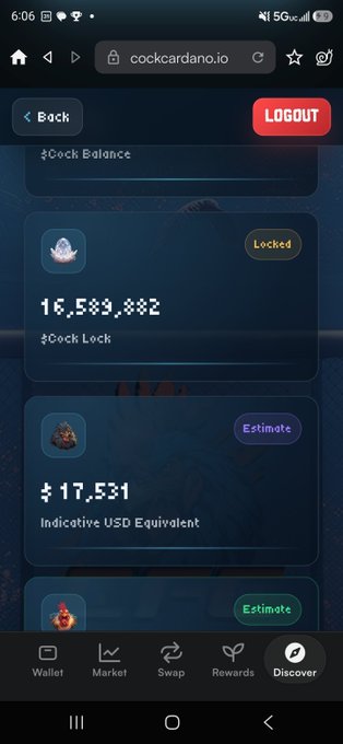 A screenshot of the cockcardano.io mobile site shows a locked $Cock balance of 16,588,882 with an indicative USD equivalent of $17,531.