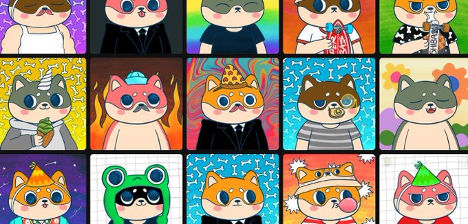 A grid of 15 cartoon-style Shiba Inu dog characters in various costumes and accessories, including suits, party hats, a frog hood, and different expressions against colorful patterned backgrounds.