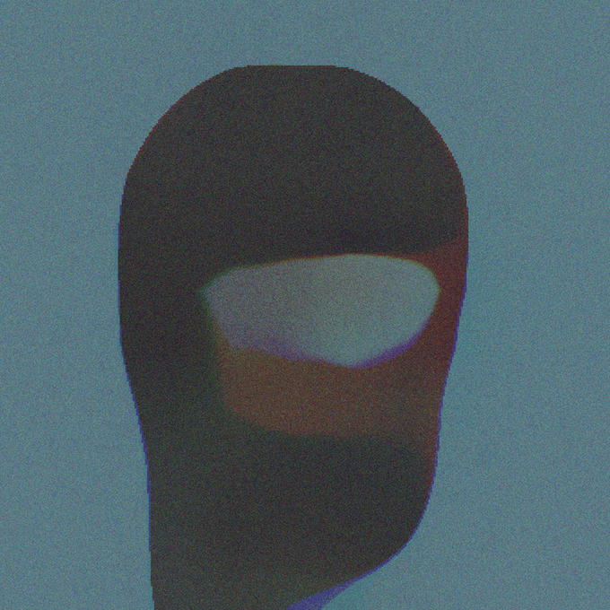 A dark silhouetted balaclava mask with cutouts for the eyes is shown against a grainy cyan background.
