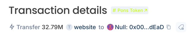 This image displays transaction details for "# Pons Token", showing a transfer of 32.79M tokens to Null, which represents a token burn.