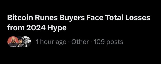 Dark-themed forum post header titled 'Bitcoin Runes Buyers Face Total Losses from 2024 Hype', posted 1 hour ago in the 'Other' category with 109 posts.