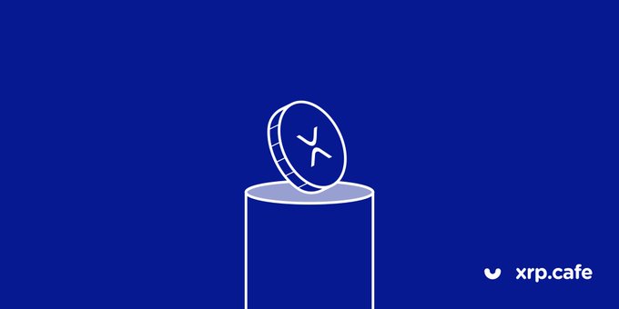 A minimalist illustration on a deep blue background shows a white line-drawn XRP coin hovering above a cylindrical pedestal, with the "xrp.cafe" logo and Twitter handle displayed in the bottom right corner—visually branding the image as part of the weekly XRP community update.