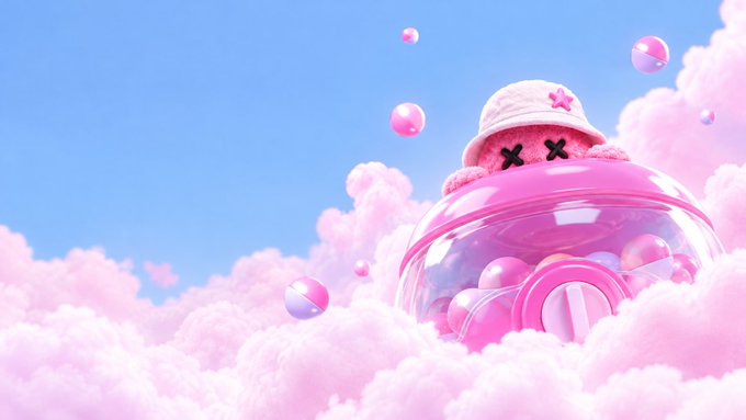 A 3D rendered illustration of a pink plush bear character wearing a bucket hat with 'X' eyes, sitting inside a pink transparent sphere surrounded by floating spheres and clouds.