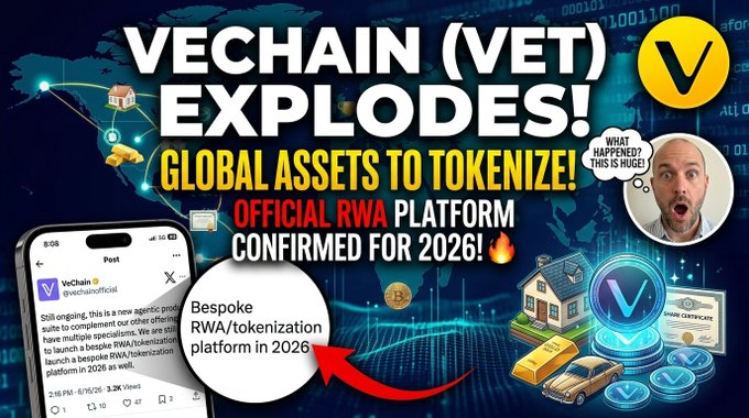 A YouTube thumbnail featuring VeChain ($VET) branding announces "VECHAIN (VET) EXPLODES! GLOBAL ASSETS TO TOKENIZE! OFFICIAL RWA PLATFORM CONFIRMED FOR 2026!" with a shocked presenter, gold bars, a house, car, and a screenshot of a tweet discussing the bespoke RWA/tokenization platform launching in 2026, directly illustrating the post's breaking update about the platform's confirmation.
