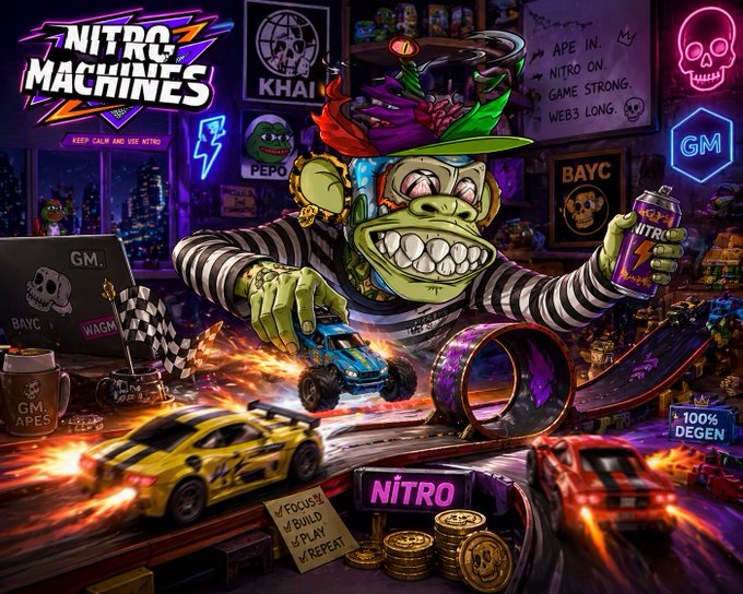 A vibrant promotional graphic for "NITRO MACHINES" features a graffiti-covered green ape character with a colorful hat racing toy cars on a track surrounded by neon signs ("GM," "BAYC," "100% DEGEN"), meme culture references, and stacked gold coins with tokens. Visible text includes "NITRO MACHINES," "APE IN. NITRO ON. GAME STRONG. WEB3 LONG.," "FOCUS / BUILD / PLAY / REPEAT," and "100% DEGEN," perfectly aligning with the post's call to action to follow @nitromachines for rewards and community engagement in the Web3 gaming space.