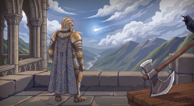 A fantasy illustration shows a knight in golden armor with a blue patterned cape standing on a stone balcony overlooking a mountain valley, with a large double-bladed axe resting on a wooden block nearby.