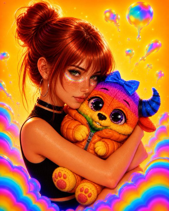 A vibrant digital illustration of a young woman with red hair and glittery face makeup hugging a rainbow-colored stuffed animal against a yellow background with rainbow clouds and floating bubbles.