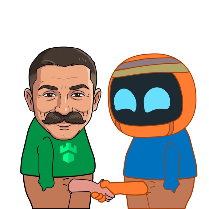 A cartoon illustration shows a man with a mustache wearing a green shirt featuring a hexagonal logo shaking hands with an orange robot character with glowing blue eyes, symbolizing a partnership or collaboration between the two figures.