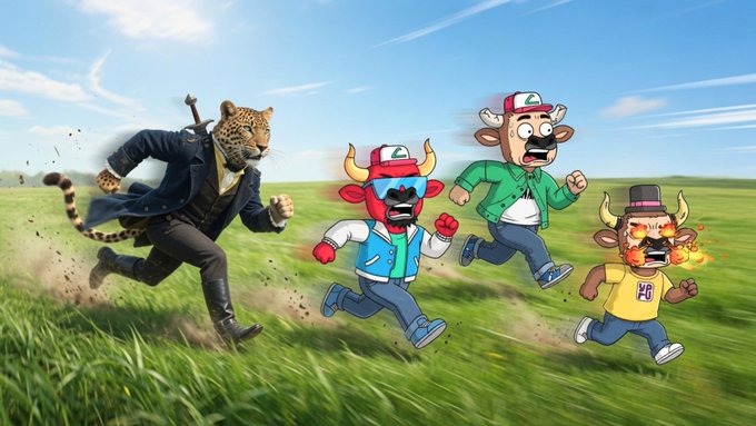 A cartoon scene showing a leopard in a suit chasing three bull characters wearing caps and clothing (including one with '4G' on its shirt) across a grassy field.