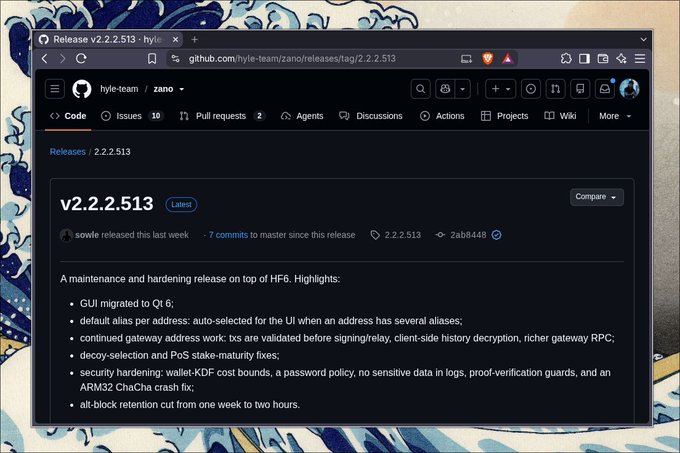 A GitHub release page for v2.2.2.513 from the hyle-team/zano repository, displayed in a browser window, describing it as a maintenance and hardening release on top of HF6 with bullet points covering GUI migration to Qt 6, address alias auto-selection, gateway enhancements, decoy-selection and PoS stake-maturity fixes, security hardening, and all-block retention improvements.