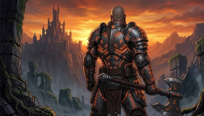 A fantasy illustration of a warrior in armor with glowing orange runes, holding a battle axe, standing before a gothic castle at sunset with mountains in the distance.
