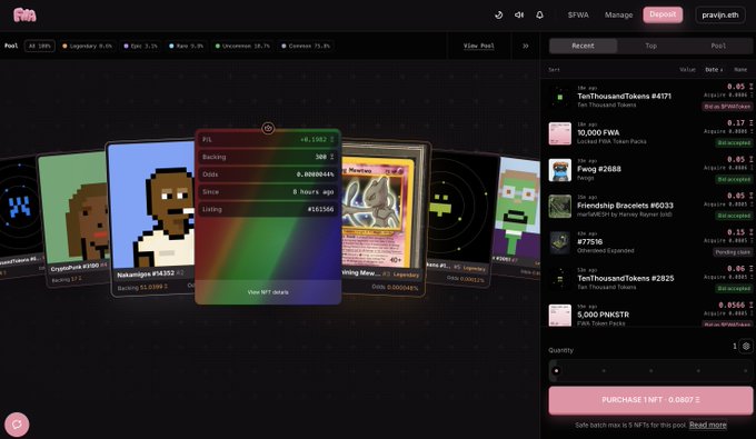 The image shows a Magic Eden NFT marketplace interface where a user named "pray4.eth" is purchasing a "Pill" NFT (#4171) priced at 0.0807 ETH (~$143) from the "Ten Thousand Tokens" collection. The platform displays the investment's extremely slim odds of 0.0000044%, highlighting how the marketplace quantifies the speculative nature of NFT purchases with detailed metrics like backing (388), odds, and listing counts.