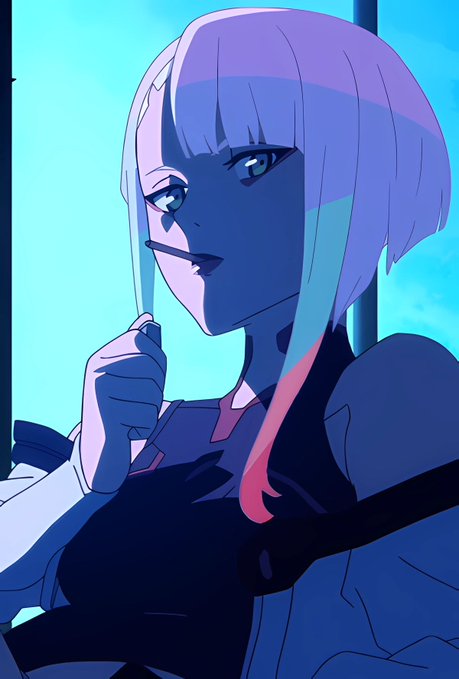 An anime-style illustration of a pale-skinned character with short blue and pink hair, green eyes, and dark lipstick, holding a black cigarette holder in a hand with pink fingernails against a cyan sky background.