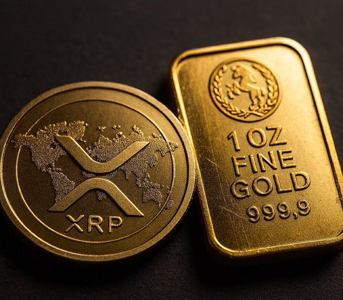A gold coin featuring the XRP logo and a "1 OZ FINE GOLD 999.9" bar sit side by side, visually symbolizing the post's claim of a potential gold-backed XRP settlement system amid shifting global currency dynamics.