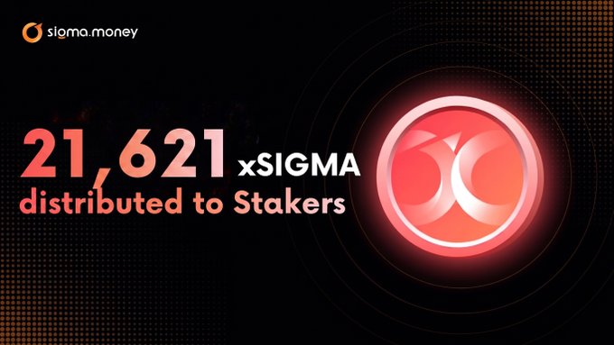 The image features a poster for an event related to the distribution of xSIGMA coins, which has been distributed to over 21,621 stakers. The poster includes a red circle with a white "x" inside, symbolizing the xSIGMA coin. The text on the poster states that more than 21,621 xSIGMA has been distributed to our dedicated xSIGMA stakers for Epoch #32 and encourages them to join in.
