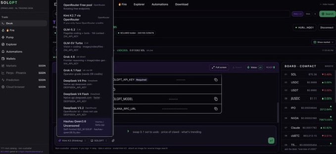 A screenshot of the SolGPT trading platform interface showing an "OpenRouter Free pool" dropdown menu with various AI model options including Kimi K2.7, GLM-5.2, and DeepSeek V4.