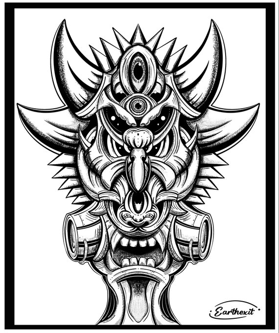 A detailed black and white line art illustration features an ornate tribal mask with horns, a central eye, and tusks, signed 'Earthenxii'.