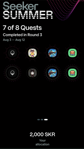 A screenshot showing a Seeker Summer quest completion screen displaying "7 of 8 Quests Completed in Round 3" (Aug 3-Aug 12) with various icon badges, and an allocation of "2,000 SKR" shown at the bottom. The image illustrates the post's reference to missing one LootGO badge in Round 3, which the author notes cost them 1,000 $SKR—aligning with their displayed 2,000 SKR allocation.