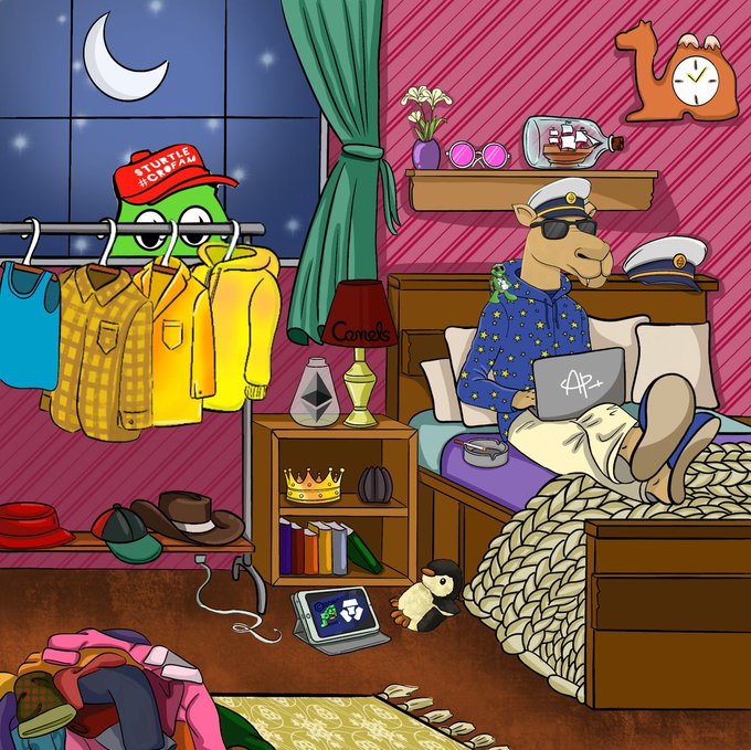 A colorful cartoon illustration of a bedroom scene featuring a frog wearing a "Sturtle Hcapaw" hat and a llama wearing sunglasses, with clothes hanging, a ship in a bottle, and various objects scattered around.