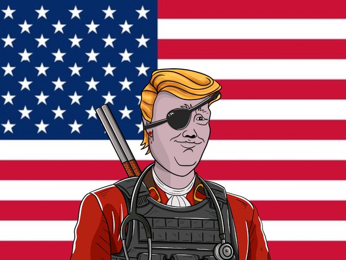 A cartoon illustration shows a figure resembling Donald Trump with his iconic blonde hair and an eye patch, wearing tactical gear and holding a gun, set against an American flag backdrop. The patriotic imagery aligns with the July 4th-themed NFT giveaway by TrumpSolClub, celebrating American independence with one of the giveaway prizes.