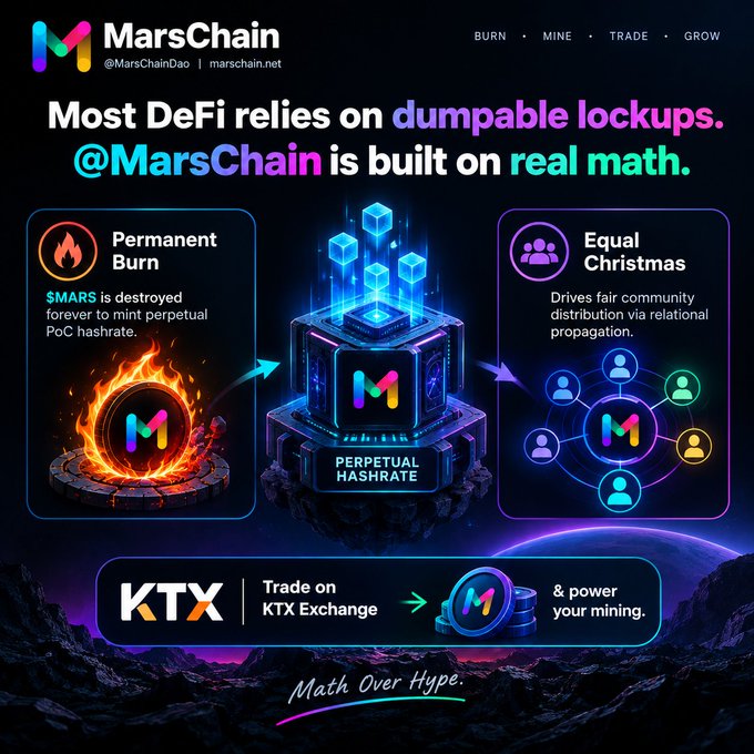 A promotional graphic for 'MarsChain' featuring the text 'Most DeFi relies on dumpable lockups. @MarsChain is built on real math.' along with details about 'Permanent Burn' and 'Equal Christmas'.