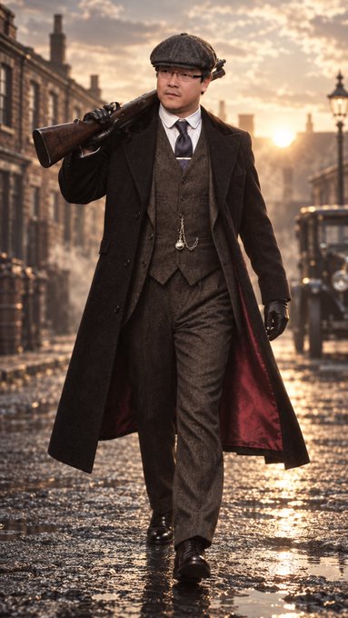 A man dressed in 1920s-style attire, including a tweed suit, flat cap, long overcoat, and gloves, walks down a wet cobblestone street carrying a rifle over his shoulder, with vintage cars and streetlamps in the background.