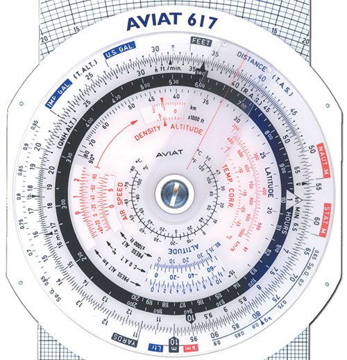 An AVIAT 617 E6B flight computer slide rule calculator used for aviation calculations, displaying scales for distance, air speed, density altitude, true altitude, and conversions.