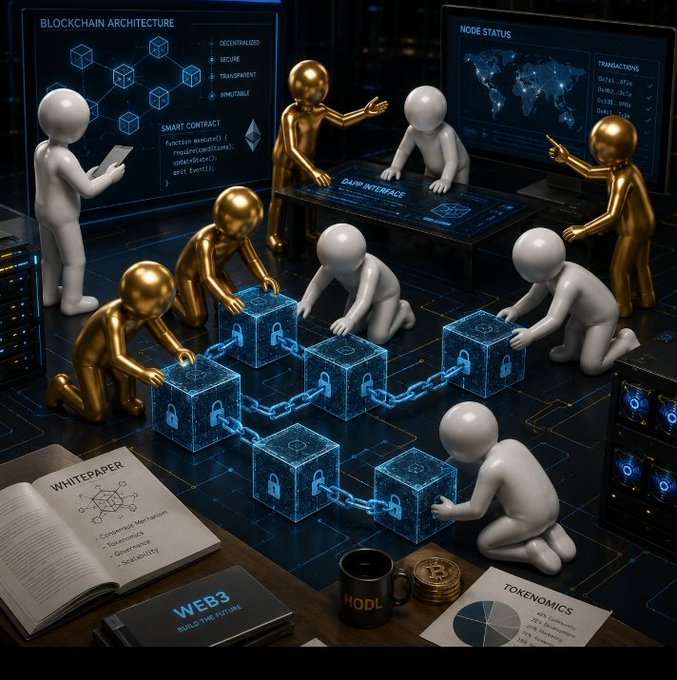 A 3D render showing gold and white humanoid figures working on blockchain architecture, smart contracts, and DApp interfaces, with a whitepaper and Web3 notebook on the table.