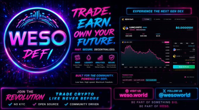 The image features a poster with an illustration of a neon blue neon green circle set against black background, which has white text that reads "WESO DEFI". The post also contains various texts including "Trade, Earn, Own Your Future", "Fast. Secure. Decentralized. Instant Swaps". The main focus of the image is on the neon yellow color of the circle and its relationship to the words within the poster, which creates a striking visual effect that draws attention to both the content and design elements in the advertisement.