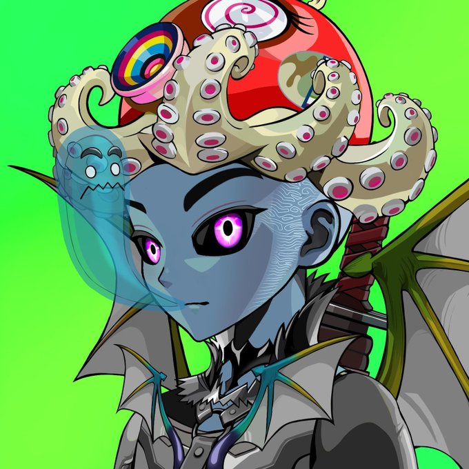 An anime-style illustration of a blue-skinned character with purple eyes, wearing an ornate helmet adorned with tentacles and a lollipop, with a small blue ghost-like creature beside them.