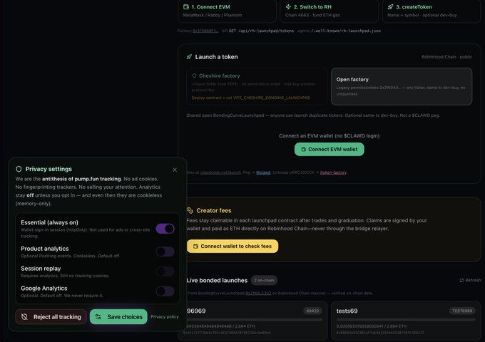 Screenshot of a token launchpad interface (appears to be Clawnch/Robinhood Chain related) showing options to Connect EVM, Switch to RH, or create a Token, with a 'Launch a token' panel and privacy settings overlay.